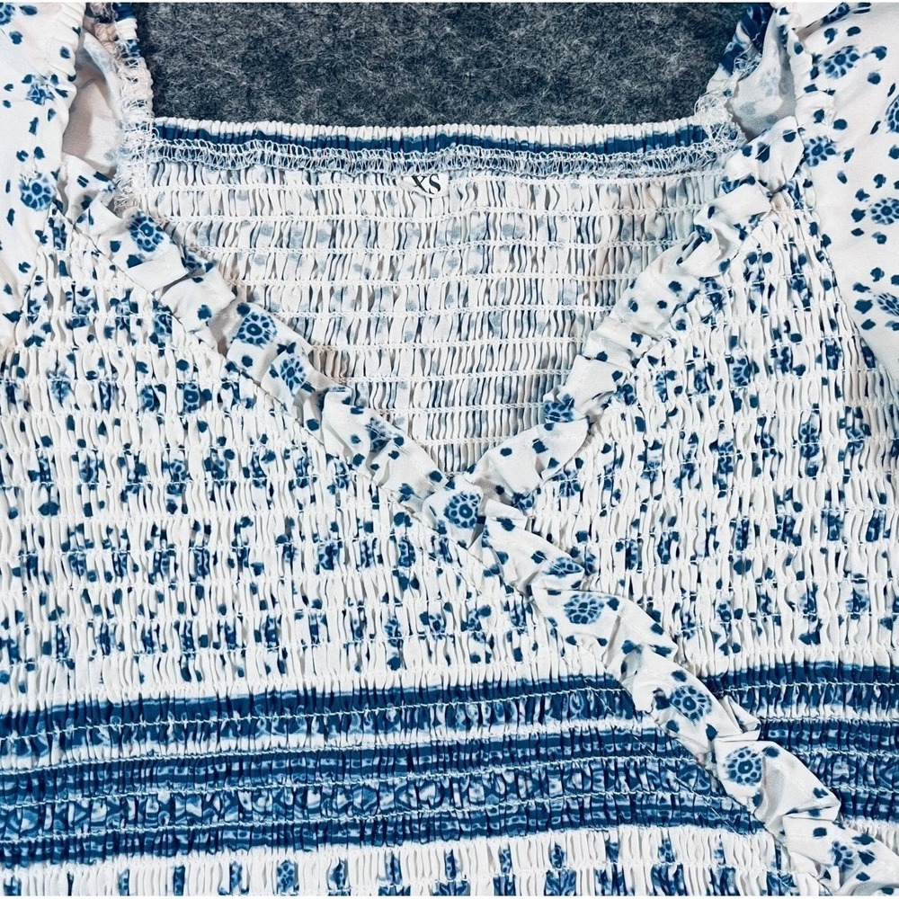 Faux Wrap Peasant Crop Top Women XS Blue Puff Sleeve Boho Cottagecore Smocked - Picture 5 of 9